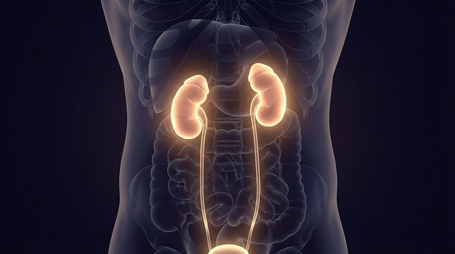 Glowing human kidneys within translucent torso, showcasing intricate urinary system and internal organs, with vibrant orange light emanating from kidneys, representing health and vital bodily