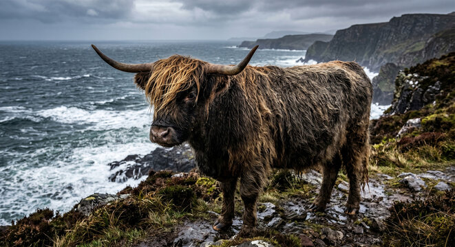 A hyper-detailed, eye-level portrait of a Highland Cow standing on a rugged Scottish cliffside. The focus is sharp on its long, honey-colored "doddie" fringe (bangs) as they blow across its dark eyes.