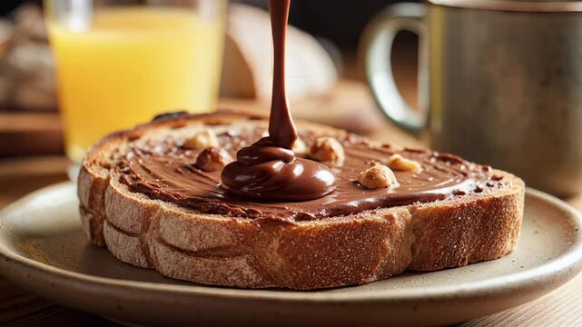 Delicious Hazelnut Chocolate Spread on Toast with Orange Juice and Coffee.