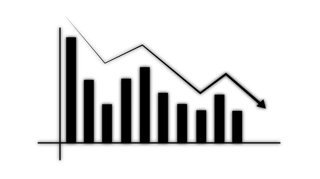 Dark minimal financial graph with declining bars and arrow, perfect for business analytics visuals, overlays, transitions, and professional presentations, alpha channel