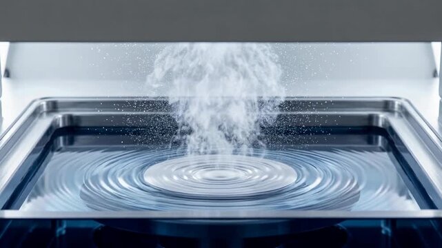 Industrial ultrasonic cleaner tank showing concentric water ripples, steam spray, and blue light illumination during a high-tech metal cleaning process