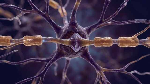 Powerful visualization of a biological neuron cell sending luminous blue electric pulses through a synaptic network with branching dendrites