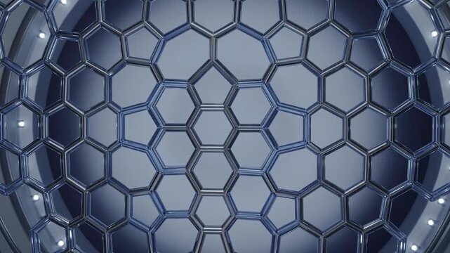 A close up view of a blue glossy hexagonal honeycomb mesh representing molecular nanotechnology over a futuristic spherical surface