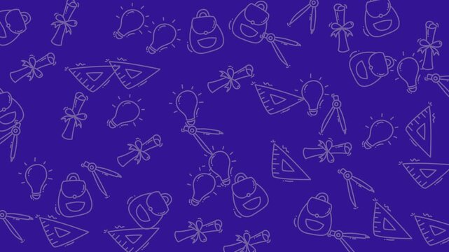 Purple background with white outlines of school supplies for educational designs, classroom posters, backtoschool campaigns, stationery, and digital presentations.