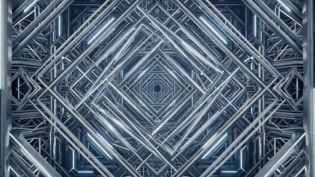 A complex architectural tunnel composed of reflective metal frames and blue neon lighting forming a symmetrical diamond pattern corridor