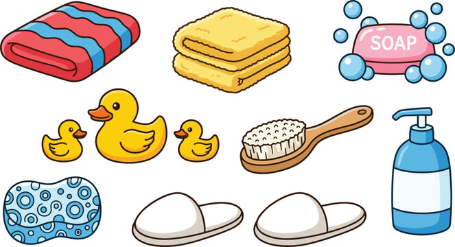 Cute Bath Time Essentials Illustration with Towels, Rubber Ducks, Soap, Sponge, Slippers, and Body Brush for Relaxing Spa Designs