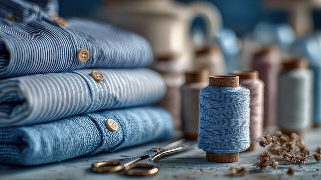 Crafting With Denim And Sewing Supplies. Repairing Denim Using Hand Sewing Techniques And Tools. Illustration Of Hand Sewing Tools Used To Repair And Enhance Denim Garments With Care And Skill