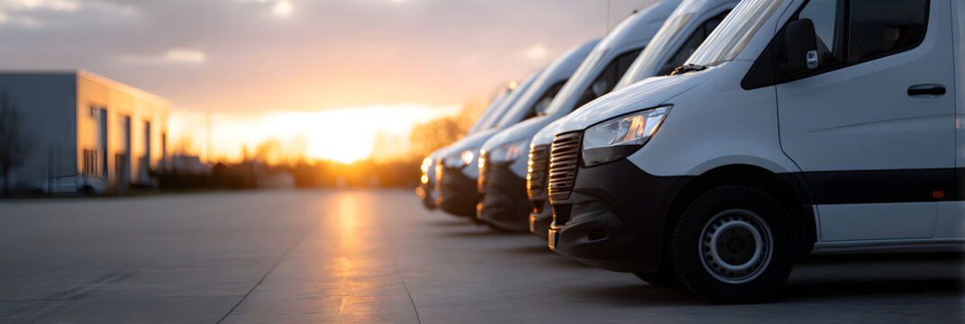 Fleet Of White Vans Lined Up For Delivery At Sunset