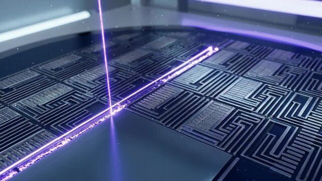 Close up of a precise purple laser beam carving intricate circuit patterns onto a silicon wafer surface for high performance computer chip production