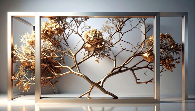 Golden, abstract tree sculpture enclosed in framed boxes