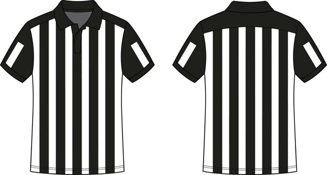 Front and back view of a black and white striped referee polo shirt with solid black sleeves and collar and white rectangular patches on the sleeves isolated on a white background