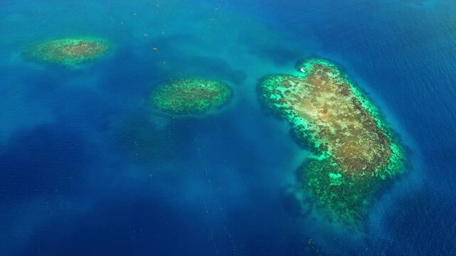 Aerial view of vibrant coral reefs submerged in crystal clear turquoise Caribbean waters near the island of Guanaja, Bay Islands Department, Honduras.