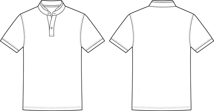 Front and back view of a mens short sleeve polo shirt with a mandarin collar and button placket in a flat black and white technical fashion outline