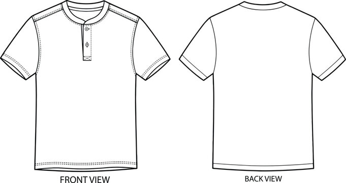 Front and back view of a short sleeve henley shirt technical with a button placket and round neckline in black and white line style