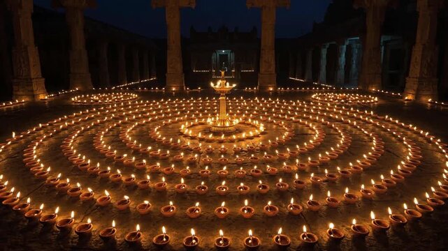 At night, hundreds of warm oil lamps are arranged in concentric circular patterns on the stone floor of a historic temple courtyard with pillars