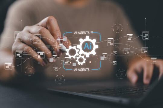 Man using AI agents to automate document management and data workflows, representing intelligent process optimization and smart digital system integration.