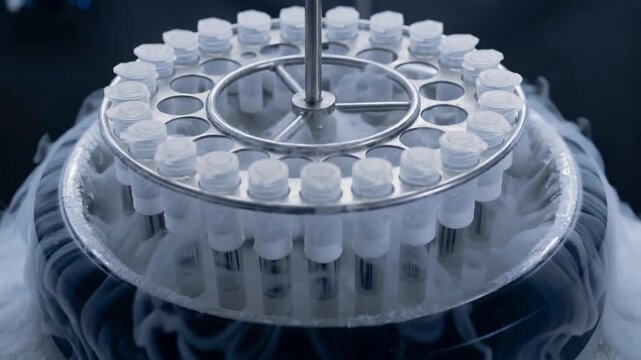 Close up shots of a round metal carousel containing vials submerged in freezing cold liquid nitrogen vapor in a laboratory setting