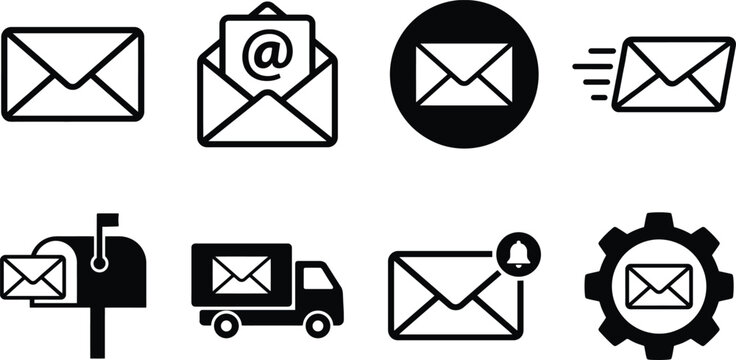 Set of black and white email and mail delivery featuring envelopes with at symbol mailbox delivery truck notification bell and gear symbols for digital communication and messaging concepts