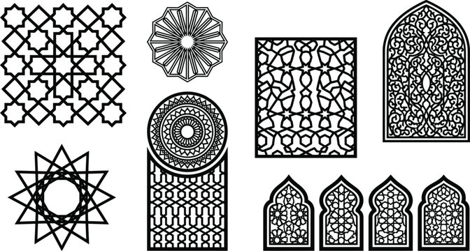 Set of black and white islamic geometric patterns and ornamental arch silhouettes featuring star polygons circular mandalas and intricate arabesque lattice isolated on a white background