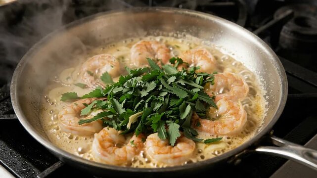 Close up view of succulent pink shrimp cooking in a bubbling cream sauce garnished with a generous mound of fresh chopped green herbs in a hot pan