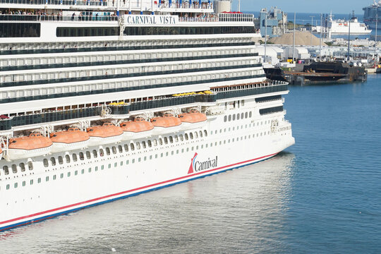 The side of the Carnival Cruise Line Vista cruise ship in Port Canaveral, Florida on December 27, 2025.