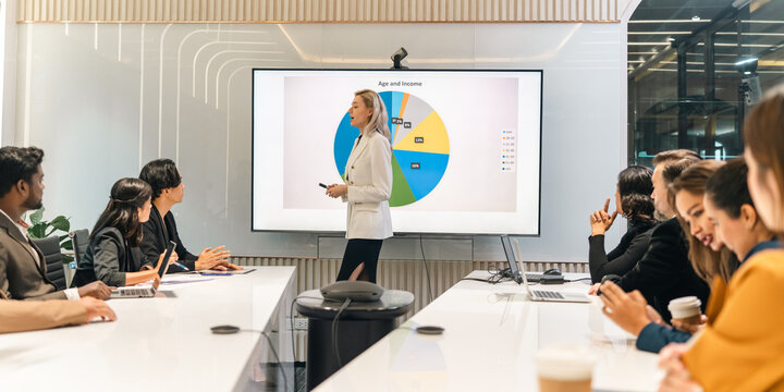 Business presentation office meeting woman chart screen conference room teamwork discussion marketing audience
