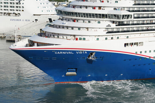 The side of the Carnival Cruise Line Vista cruise ship in Port Canaveral, Florida on December 27, 2025.