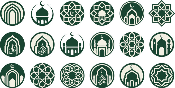 Set of eighteen circular islamic featuring mosque silhouettes arches geometric star patterns and arabic calligraphy in dark green and cream colors on a white background