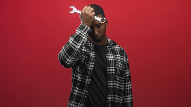 Man holds wrench to forehead in studio, eyes closed and hand pressing brow while wearing plaid shirt against red backdrop; stress fatigue.