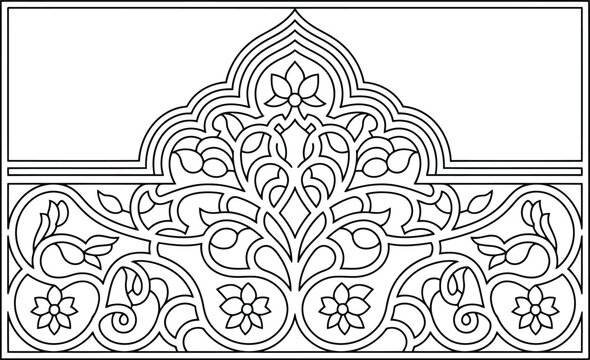 Intricate black and white architectural design featuring floral motifs and symmetrical patterns detailed line art