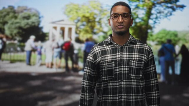 Man making ok sign with hand, wearing glasses and checked shirt, standing in a park by a pavilion with tourists and trees; confidence approval.