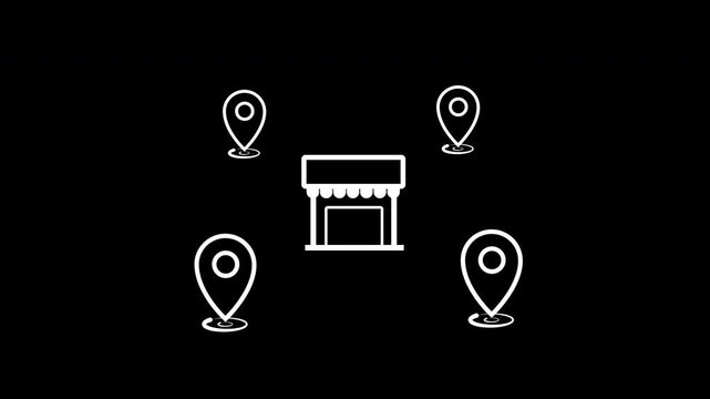 Animated Store Distribution Network and Multiple Locations. White Line Art Shop and Map Pins Motion Graphic on Alpha Channel.