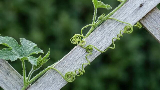 Close up of vibrant green plant tendrils spiraling around a wooden garden trellis with blurry greenery in the background on a bright day