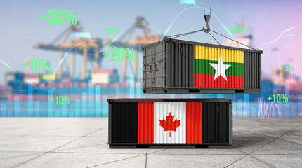 Global Trade Exchange: A striking visual of international trade, showcasing shipping containers bearing the flags of Canada and Myanmar, symbolizing global commerce. © bao