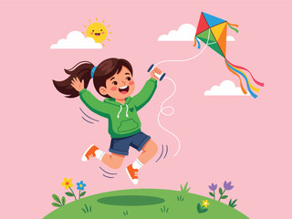 Cheerful little girl flying a colorful kite in the park, happy child jumping on green grass, cute cartoon character enjoying outdoor summer activities