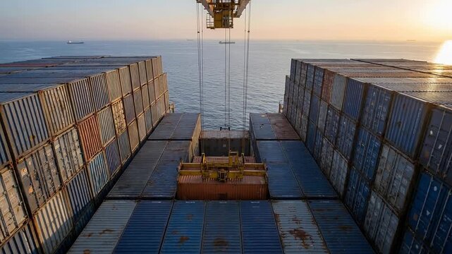 Aerial view of automated crane loading shipping containers on a large vessel at sea with calm blue water and bright sunset horizon background