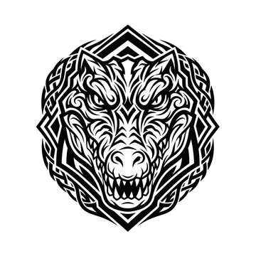 Intricate black and white tribal art featuring an aggressive crocodile head with sharp teeth and intense eyes, surrounded by Celtic knot patterns.
