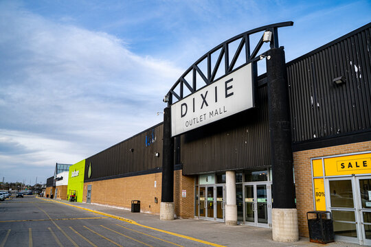 Exterior view of Dixie Outlet Mall entrance in Mississauga. Mississauga, Canada - May 4, 2026.