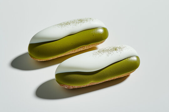 Matcha eclairs showcasing minimalist geometric dual-tone glazing and precise pastry execution