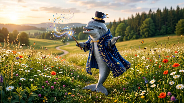 Standing Magician Dolphin in the Meadow