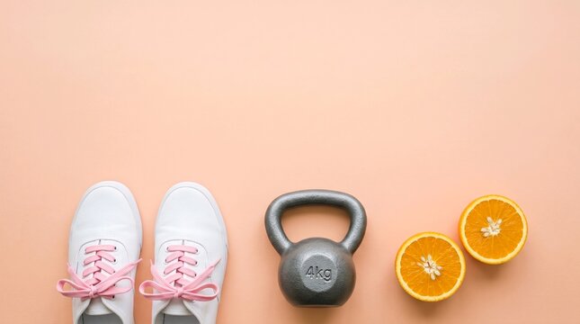 top view of white sneakers with pink laces, 4kg kettlebell and orange slices on peach background