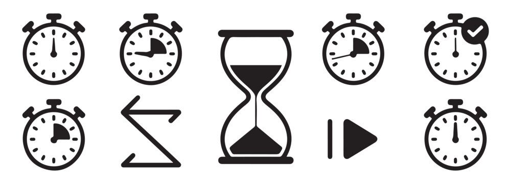 Set of black stopwatch icons and hourglass on transparent background vector illustration.