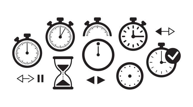 Black icons for time management: stopwatches, hourglass, clock, arrows on transparent.