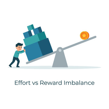 Effort versus reward imbalance icon, business scale, hard work low payoff, productivity analysis seminar, motivation coaching session, corporate training vector