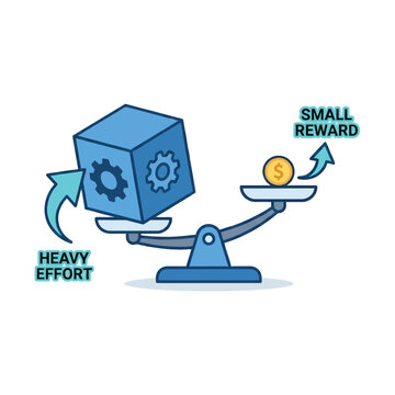 Heavy effort small reward icon, lever scale graphic, productivity paradox concept, efficiency coaching module, business improvement seminar, clean vector