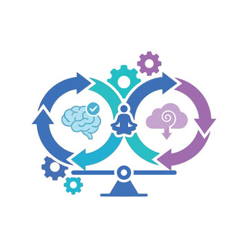 Behavior balance system, internal control loop with brain heart gear, self regulation model, therapy session diagram, psychology training, vector illustration