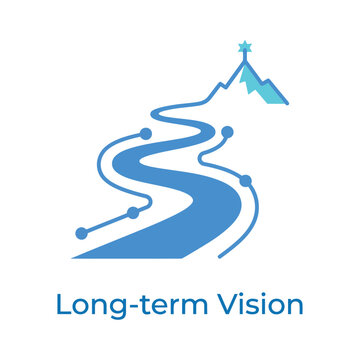 Long term vision, winding road to summit, strategic foresight coaching, leadership planning workshop, future mapping exercise, mission clarity, vector illustration