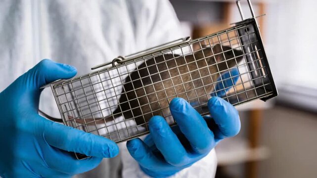 A researcher in a lab coat and blue gloves holds a metal cage containing a live brown rat.