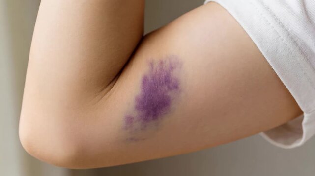 Close-up of a painful purple bruise on a person's skin, located on the inner arm near the elbow.