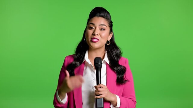 Confident Woman Reporter Holding Microphone Green Screen Background